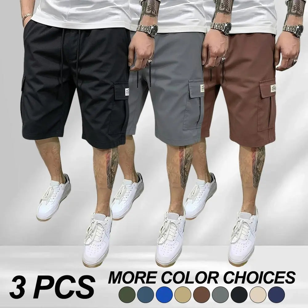 3-piece set of men’s fitted workwear shorts — casual summer drawstring color-blocked shorts that are lightweight and breathable, featuring diagonal insertion and multiple pockets; multifunctional for daily wear, beach, and fitness. Men’s fitted shorts; a
