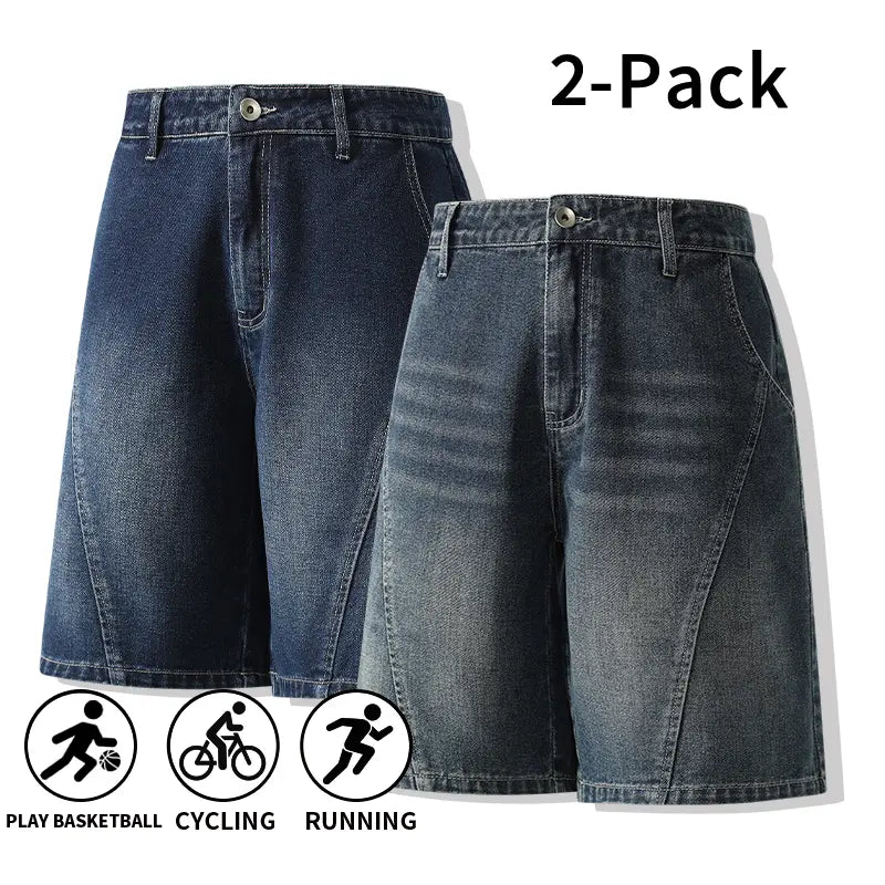 Men's 3-Pack Washed Denim Bermuda Shorts Outfits Set - Loose-Fit, Breezy Cut, Knee-Length, Breathable, Machine Wash, Sporty Casual for Outdoor, Everyday Wear