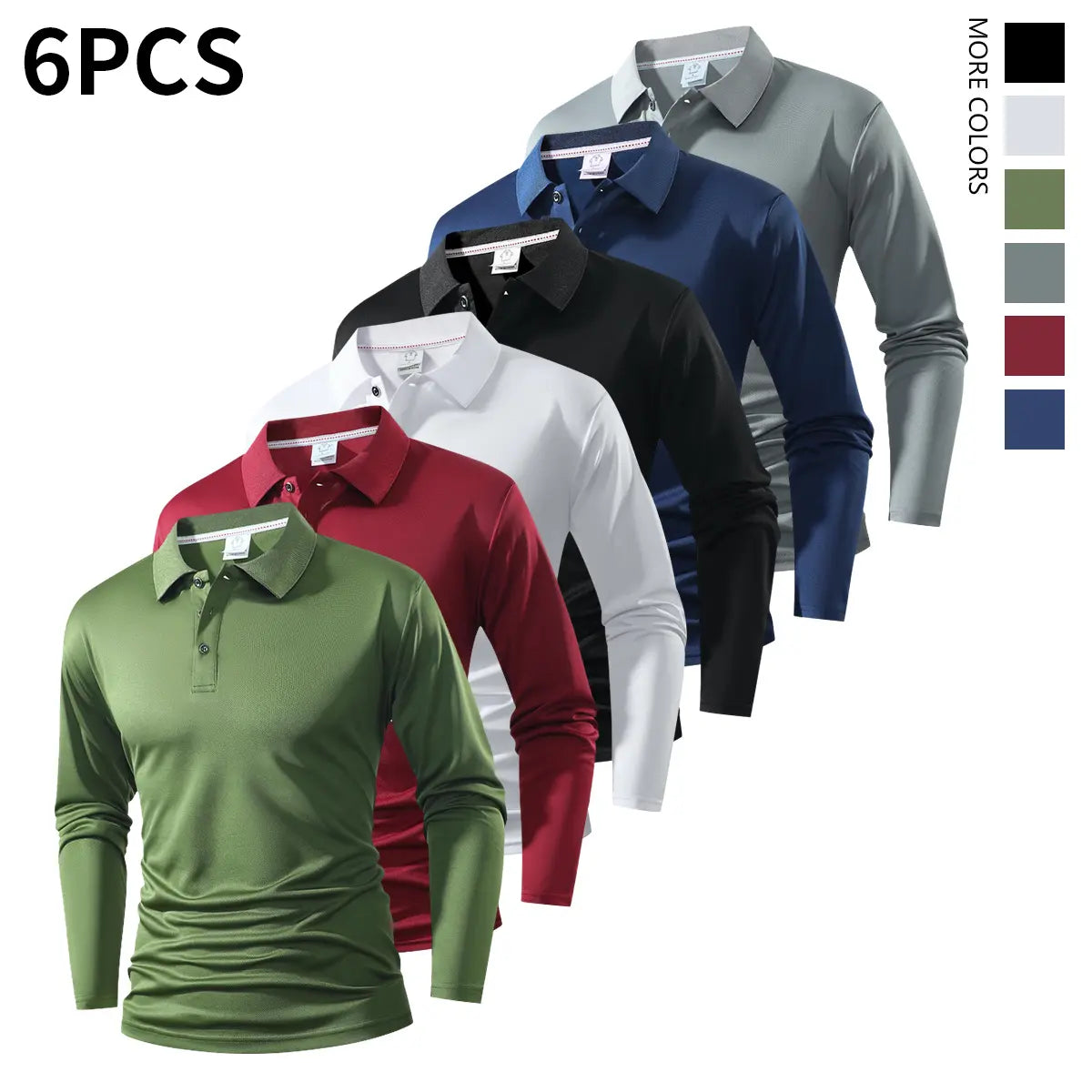 Six-piece men's long-sleeved polo shirts, with plain designs. The combinations are diverse, suitable for various style matching, such as for travel, business, golf, or suburban tours.