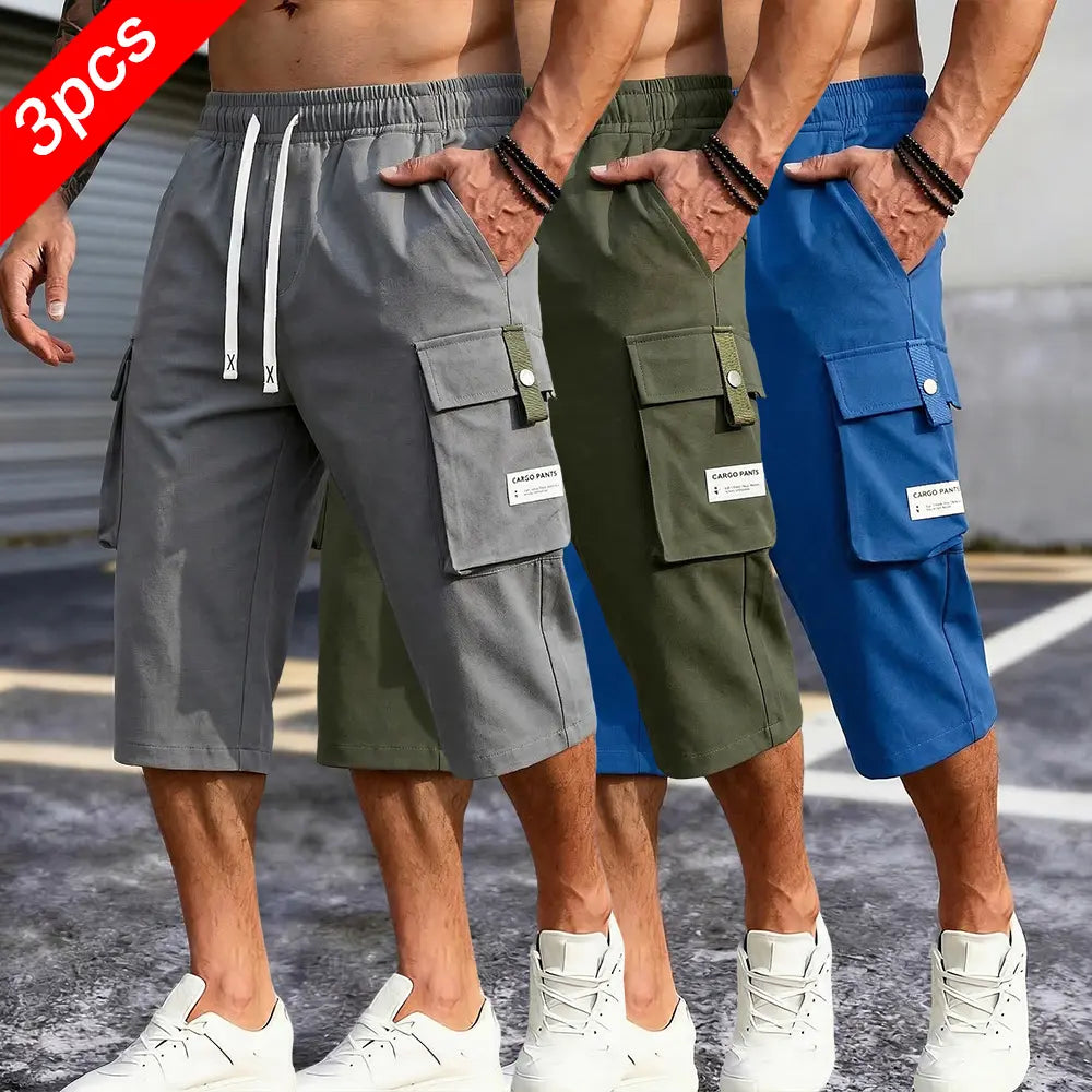 Men's 3-Pack Casual Cargo Shorts - Elastic Drawstring Waist, Multi-Pocket Design, Lightweight Utility, Large Pockets - Men's Clothing for Outdoor Work Wear Summer Streetwear
