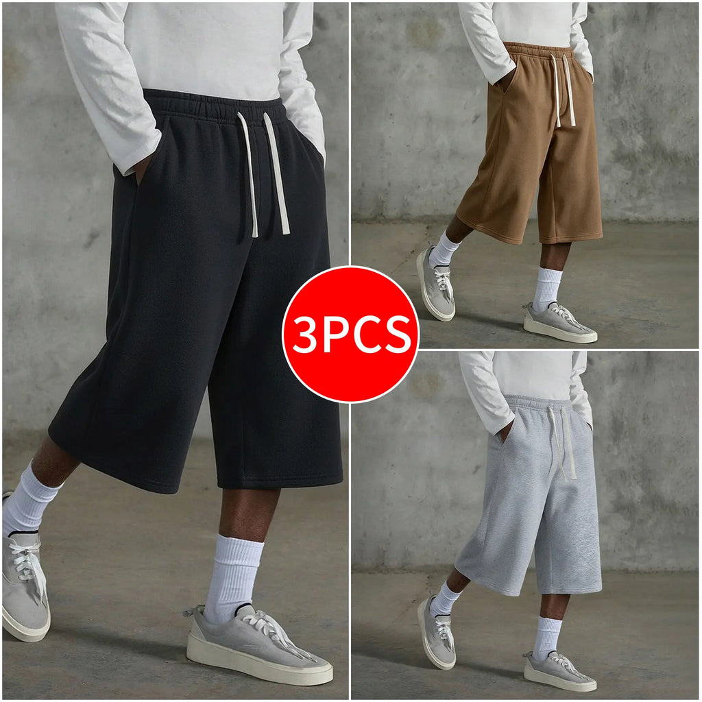 3-pack Men’s casual seven-eighths shorts, summer street style; men’s straight-leg athletic pants; soft, comfortable jogging pants with pockets—suitable for everyday life, work, travel, running, leisure, and outdoor activities.