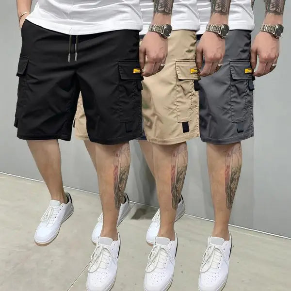 Men's 3-Piece Plain Streetwear Utility Outfits - Hoodie, Multi-Pocket Design Lightweight Mid-Rise Utility Men's Shorts, Comfortable Stylish Outdoor Clothes, Suitable for Everyday Casual & Sports Wear, Beige, Multi-Pocket Design Men's Shorts