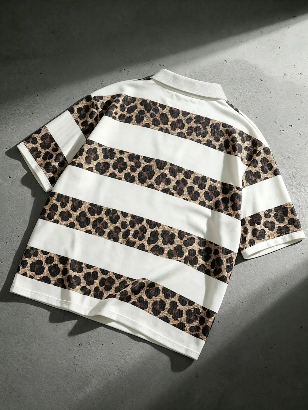 Men's Leopard Print And White Striped Patchwork Printed Polo Shirt, Loose Fit Short Sleeve Casual Top For Summer Polos Daily Streetwear Menswear
