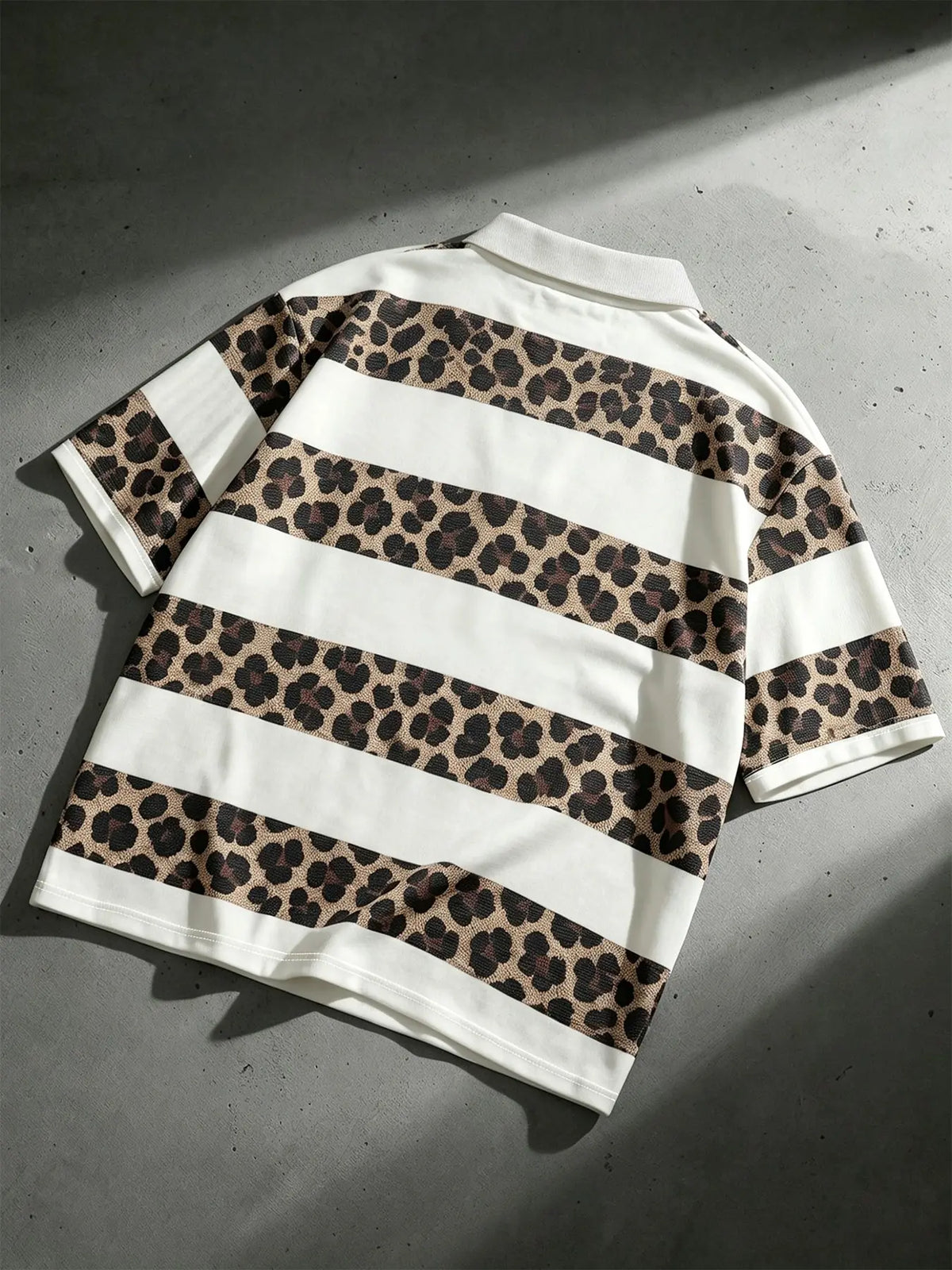 Men's Leopard Print And White Striped Patchwork Printed Polo Shirt, Loose Fit Short Sleeve Casual Top For Summer Polos Daily Streetwear Menswear