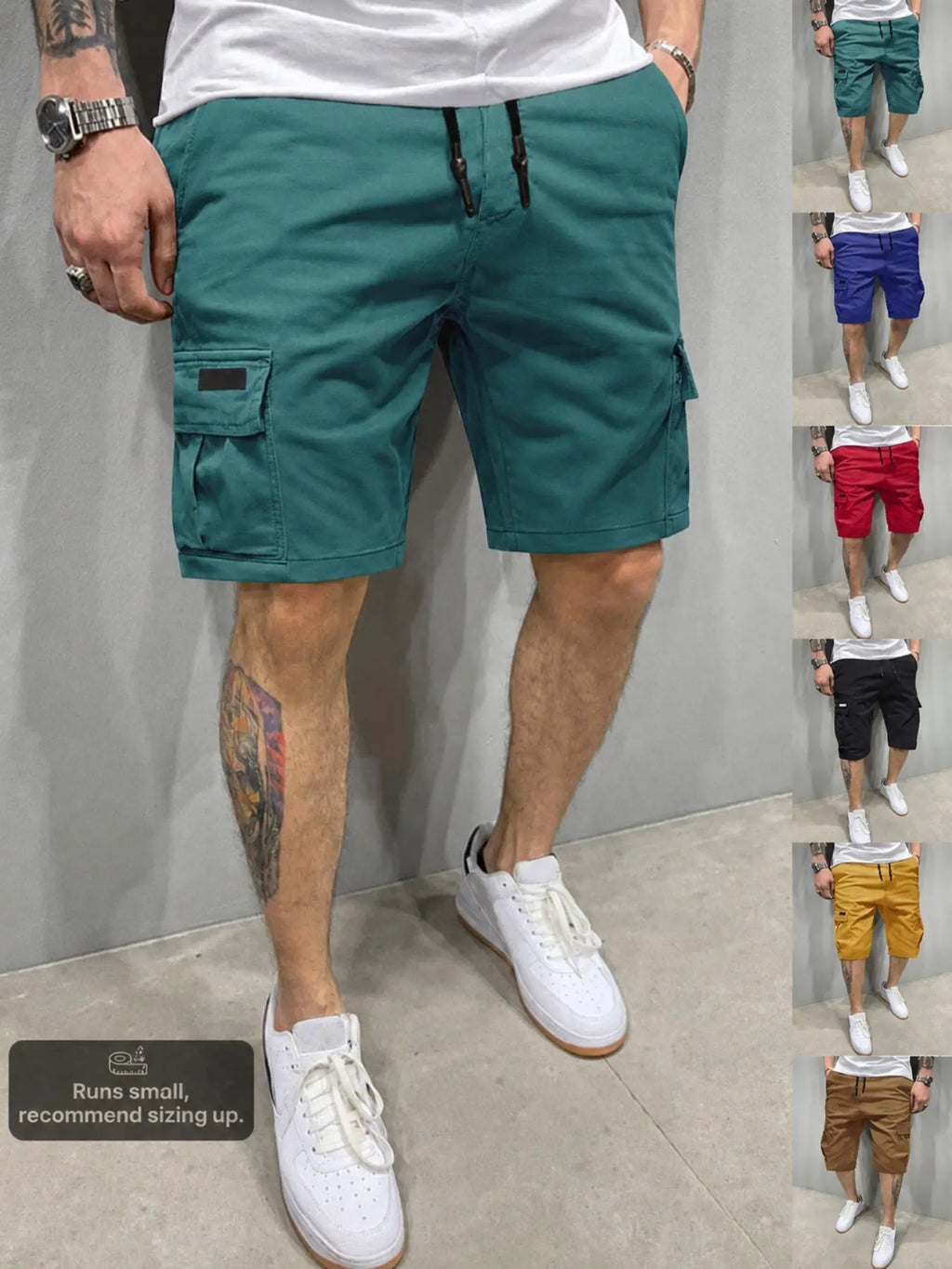 Men's Solid Cargo Shorts, Casual Relaxed-Fit Woven 5" Shorts, lightweight drawstring shorts, Multi-Pocket Mid-Rise Straight-Leg Design, Drawstring Waist, Summer Daily Wear for Commute & Outdoor Sports, Classic Versatile Essential for Men's Wardrobe