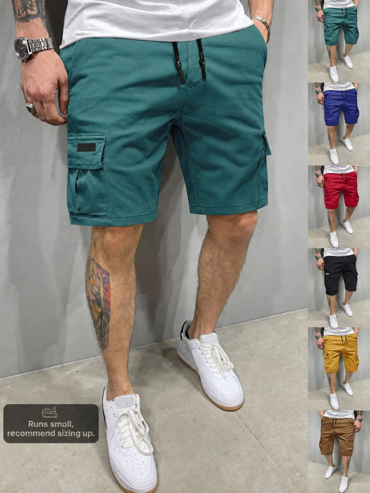 Men's Solid Cargo Shorts, Casual Relaxed-Fit Woven 5" Shorts, lightweight drawstring shorts, Multi-Pocket Mid-Rise Straight-Leg Design, Drawstring Waist, Summer Daily Wear for Commute & Outdoor Sports, Classic Versatile Essential for Men's Wardrobe