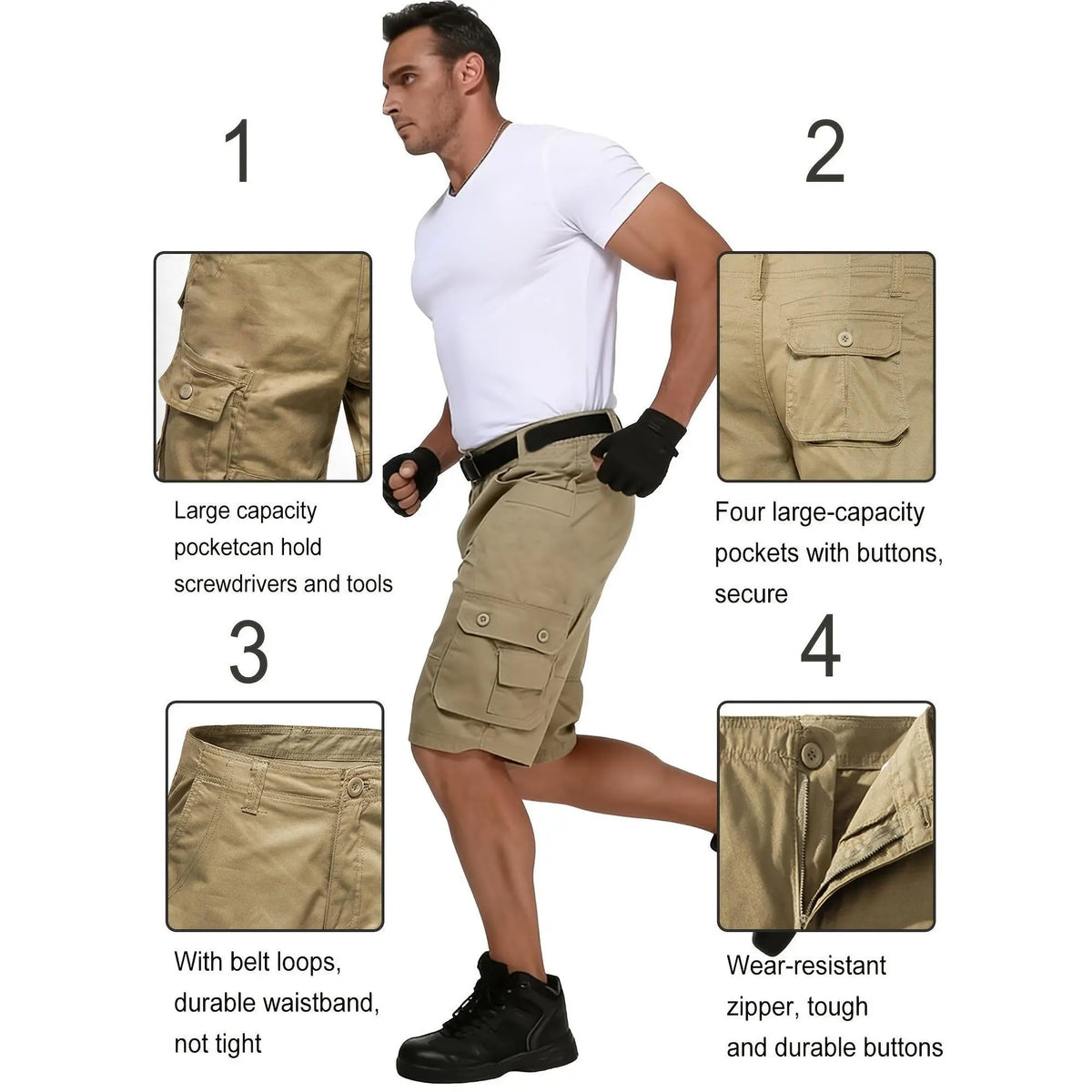 5-Piece Set Men's Vintage Organic Cotton Cargo Shorts - Mid Waist, Straight Knee Chino Bottoms, Loose Fit, Breathable, Soft, Multiple Pockets - Casual Pants for Camping&Hiking, Outdoor, Daily Wear - Light Solid Color Male Streetwear