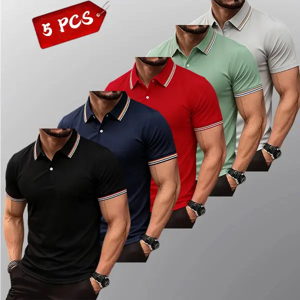 Men's 5-Pack Knit Striped Collar Short-Sleeve Fitted Polo Shirts - Slim Fit, Classic Button Front, Polyester Fabric, Breathable Moisture-Wicking Drip Dry, Cold Wash, Work Outdoor Tops, Menswear