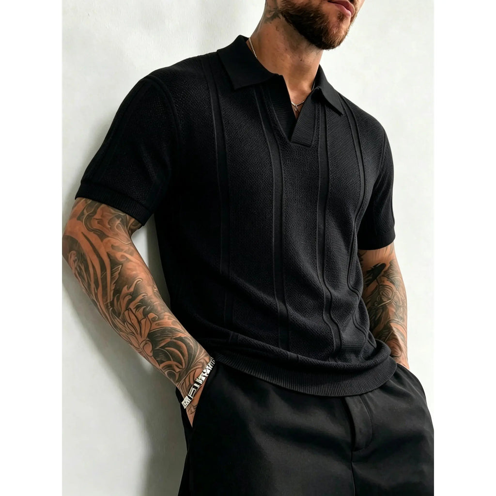 Vertical ribbed hollow knit short sleeve polo top with notch lapel open V-neck and ribbed cuffs, breathable lightweight stretch fabric slim tailored silhouette refined daily essential to build modern minimalist mensfashion outfits