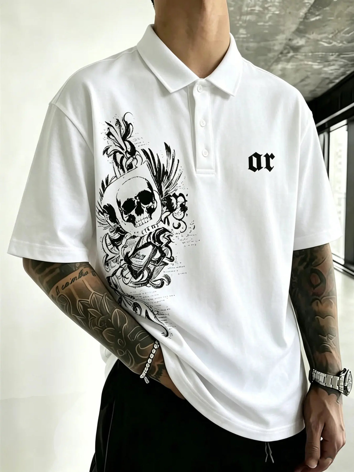 Men's Black Gothic Skeleton Letter Printed – American retro Gothic street style short-sleeved top, Streetwear Polo Shirt, suitable for Y2K, casual daily wear, date outfits, campus life, street style, light business casual, summer outings.