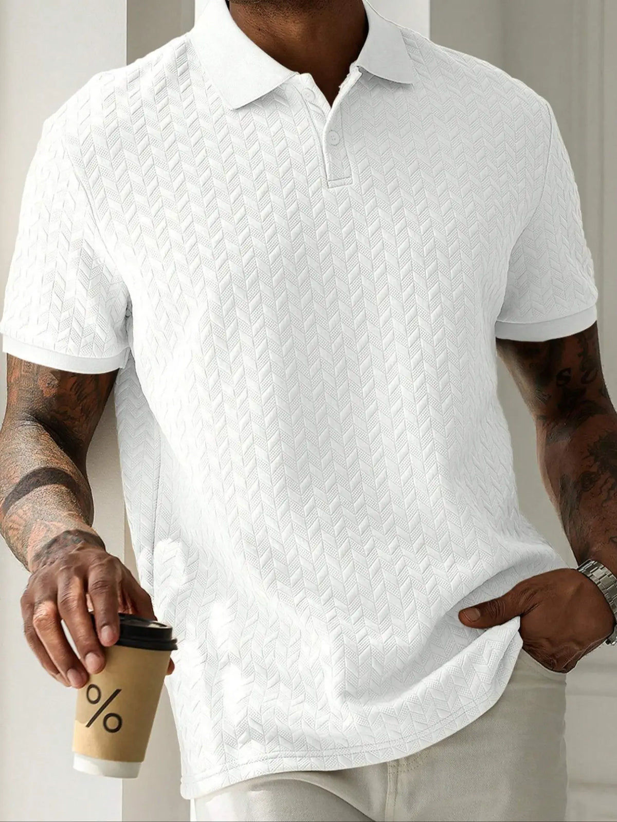 Men's Breathable Sweat-Wicking Loose Classic Casual Plain Solid Color Jacquard Fabric Short Sleeve Textured Polo Shirt, Comfortable Fit for Daily Wear, Casual Polo Shirts Summer Polo Shirt