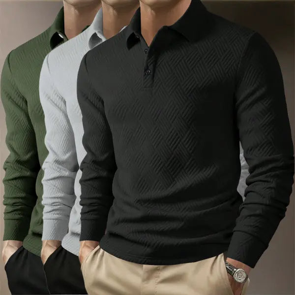 Men's Fitted 3-Piece Set Jacquard Pattern Heavyweight Fabric Button-Front Long Sleeve Polo Shirt - Ideal for Daily Commutes, Business Office Work