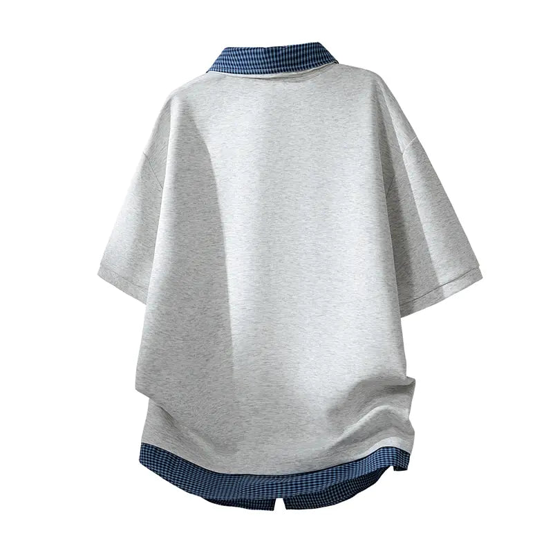 Unisex Menswear Short-Sleeve Retro Minimalist Faux 2-Piece Plaid Patchwork Polo Top, Contrast Piping, Turn-Down Collar, Stylish Summer American Loose Casual Streetwear, Versatile for Outdoor Sport Wear & Commuting