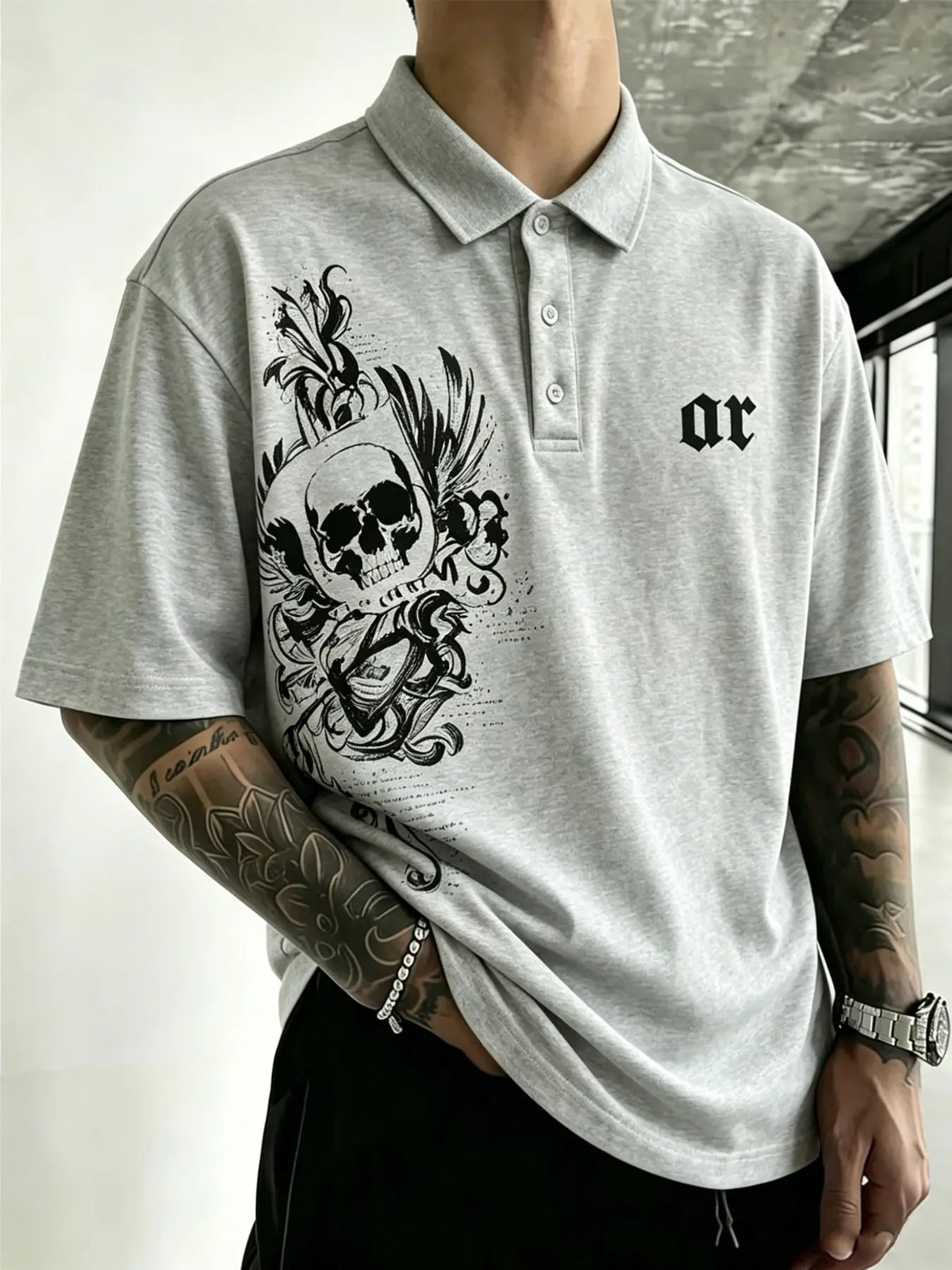 Men's Black Gothic Skeleton Letter Printed – American retro Gothic street style short-sleeved top, Streetwear Polo Shirt, suitable for Y2K, casual daily wear, date outfits, campus life, street style, light business casual, summer outings.