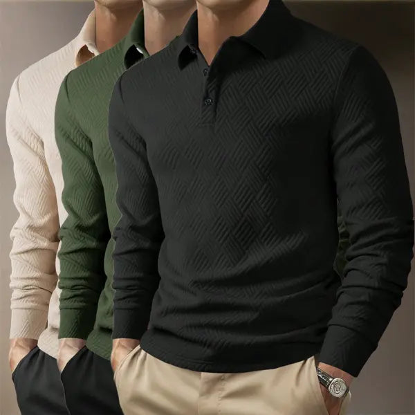 Men's Fitted 3-Piece Set Jacquard Pattern Heavyweight Fabric Button-Front Long Sleeve Polo Shirt - Ideal for Daily Commutes, Business Office Work