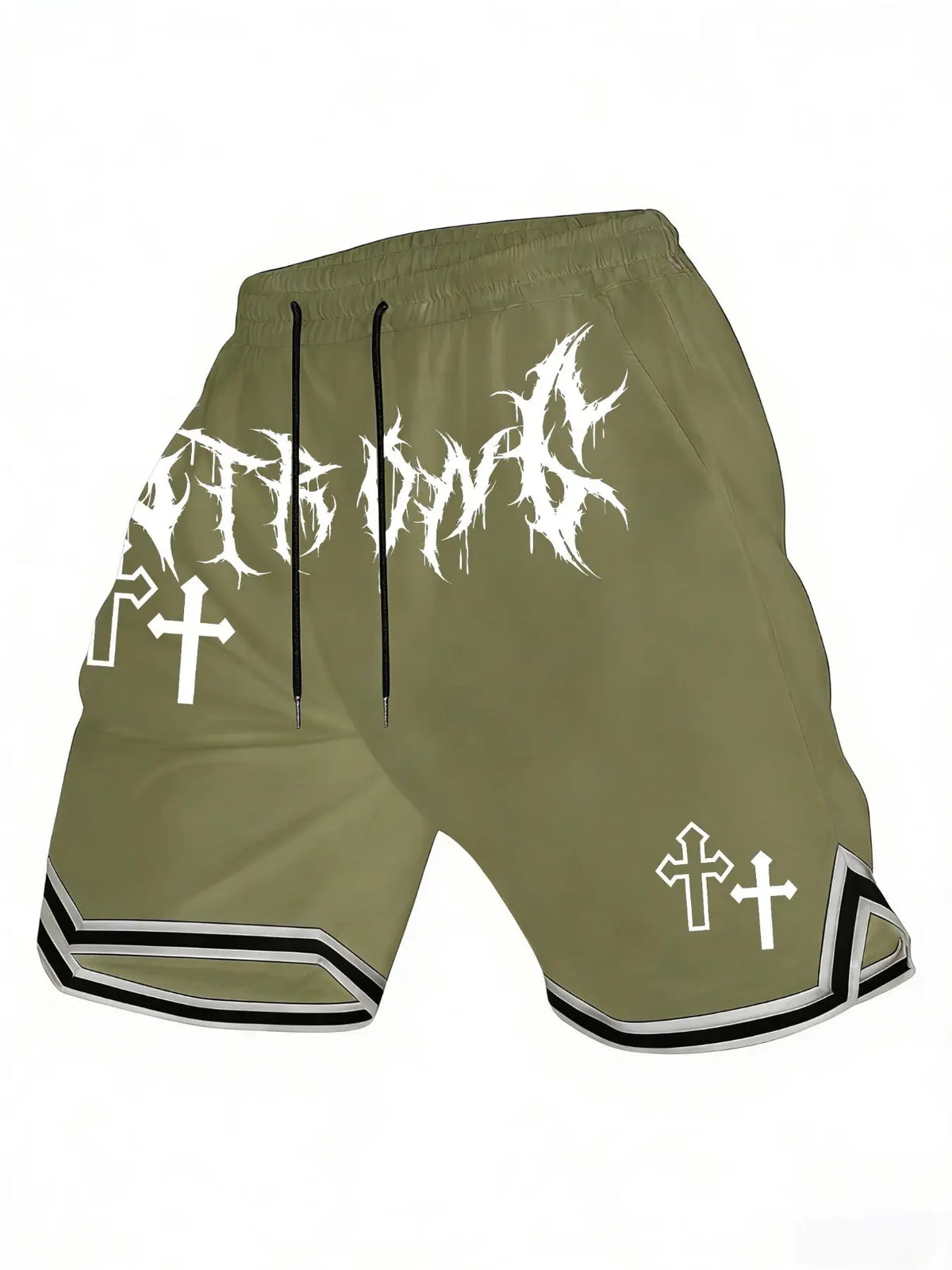 Men's Thash Inspired Fitted Fashion Shorts, Gothic Punk Letter & Cross Graphic, Elastic Waist, Casual Streetwear for Skateboarding & Daily Wear, Letter Print Shorts