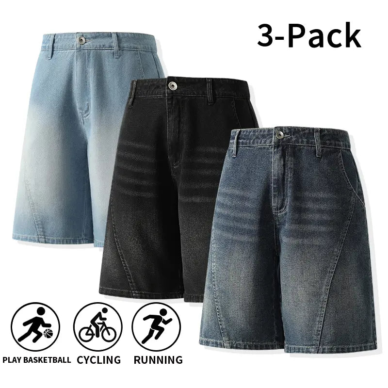 Men's 3-Pack Washed Denim Bermuda Shorts Outfits Set - Loose-Fit, Breezy Cut, Knee-Length, Breathable, Machine Wash, Sporty Casual for Outdoor, Everyday Wear