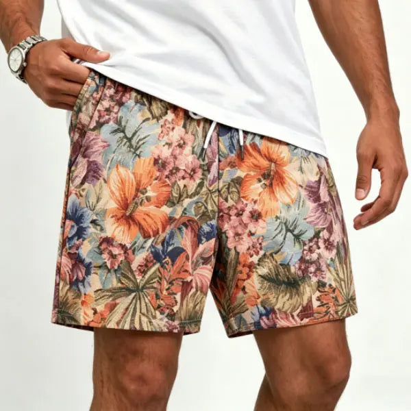 Men's Floral Print Drawstring Waist Shorts, Regular Fit Bohemian Casual Pocket Shorts for Summer, Men's Bottoms for Beach Vacation，For the desired model effect, please order one size larger.