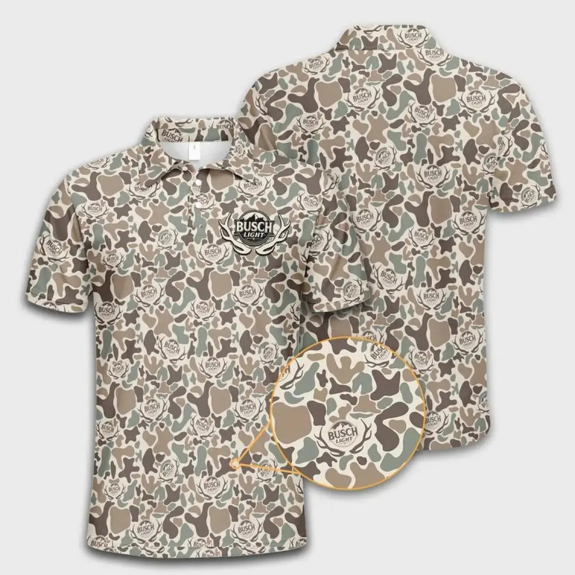 Busch Men's Performance Golf Polo Shirt Tan Sage Green Camo Made in USA
