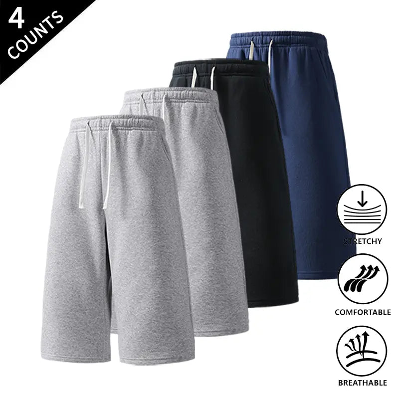 Men's Plain Stretchy Mid-Calf Cropped Pants 4-Pack - Menswear Sports Clothes for Casual, Outdoor Use - Available in Light Gray + Black + Rose Red + Navy Blue