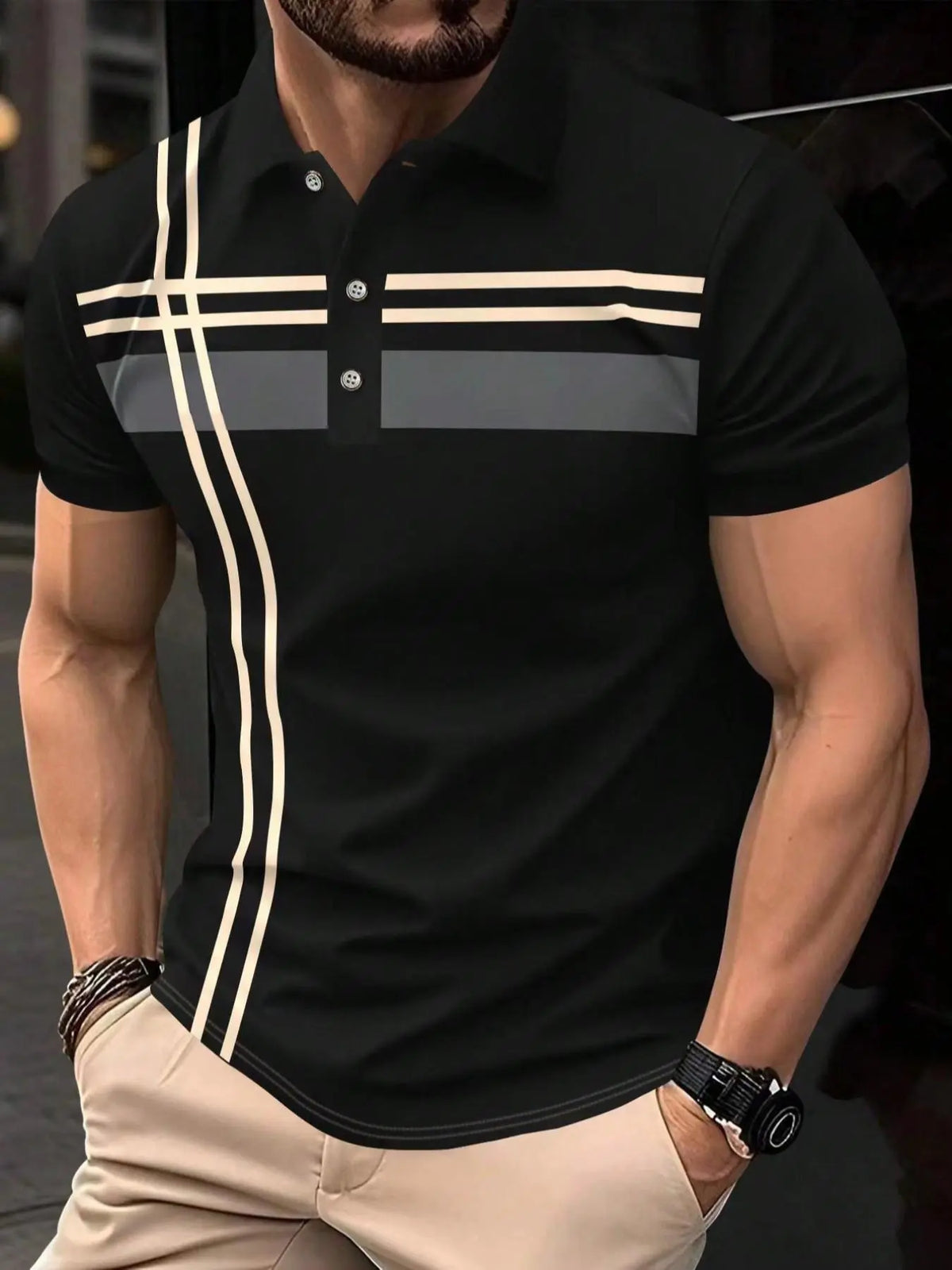 Men's Striped Print Contrast Binding, Casual Short-Sleeve Button-Front Top, Casual Polo Shirts for Summer, Fashion Men's Clothes for Daily Wear