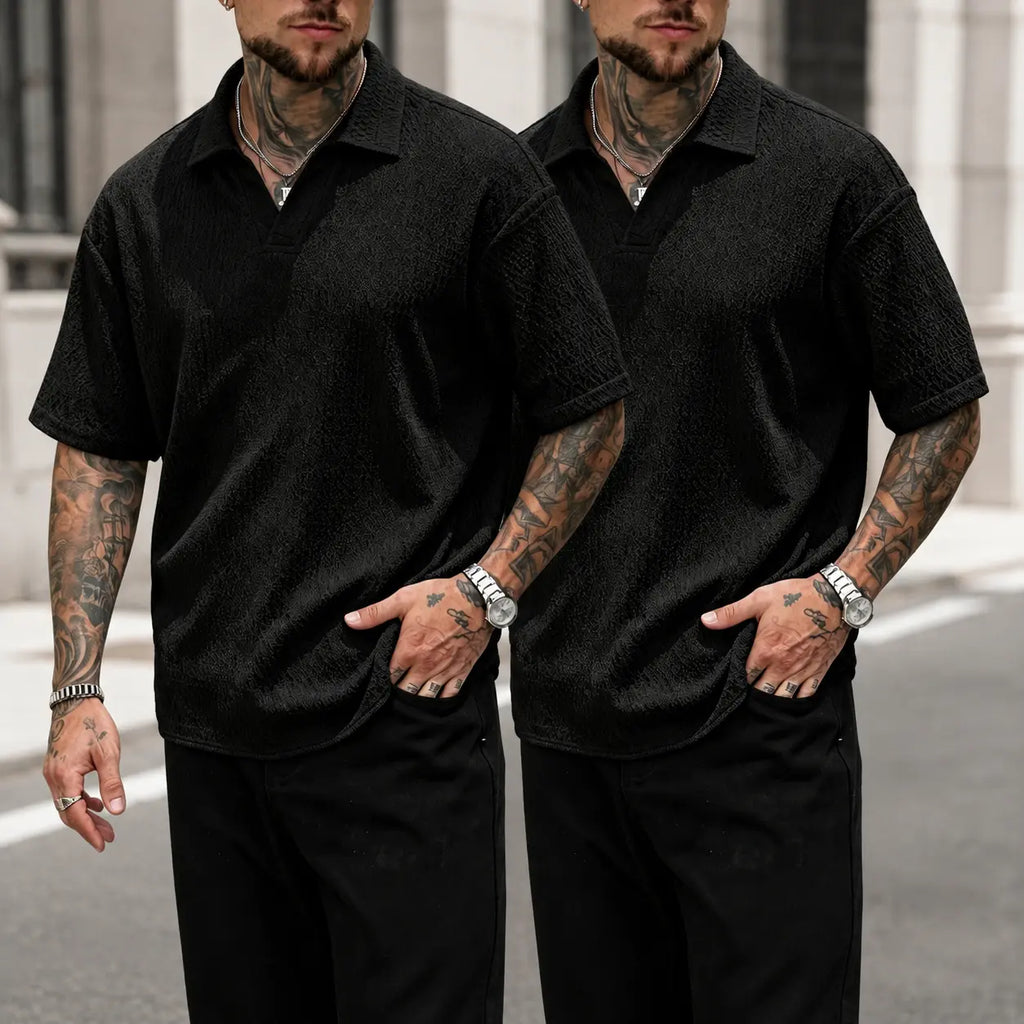 Men's 2-Pack Plain Jacquard Drape Polo Shirts - Short Sleeve, Johnny Collar, V-Neck, Breathable, Lightweight, Soft, Versatile, Sporty Chic, Street Chic, All Seasons Tops - Ideal for Everyday Wear, Workwear, Modern Menswear