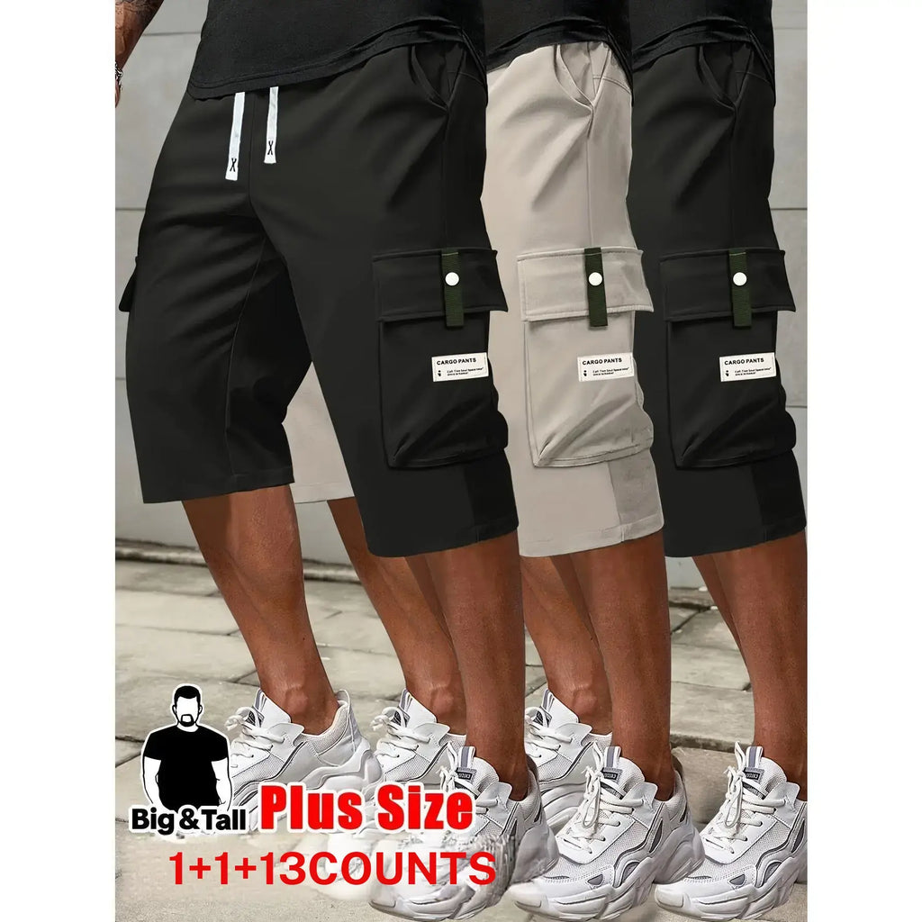 Men's plus size summer work pants elastic drawstring waist circumference, multiple pockets and letter patches, regular mid waist non elastic fabric, opaque, suitable for daily and casual wear, Father's Day gift casual pants for summer