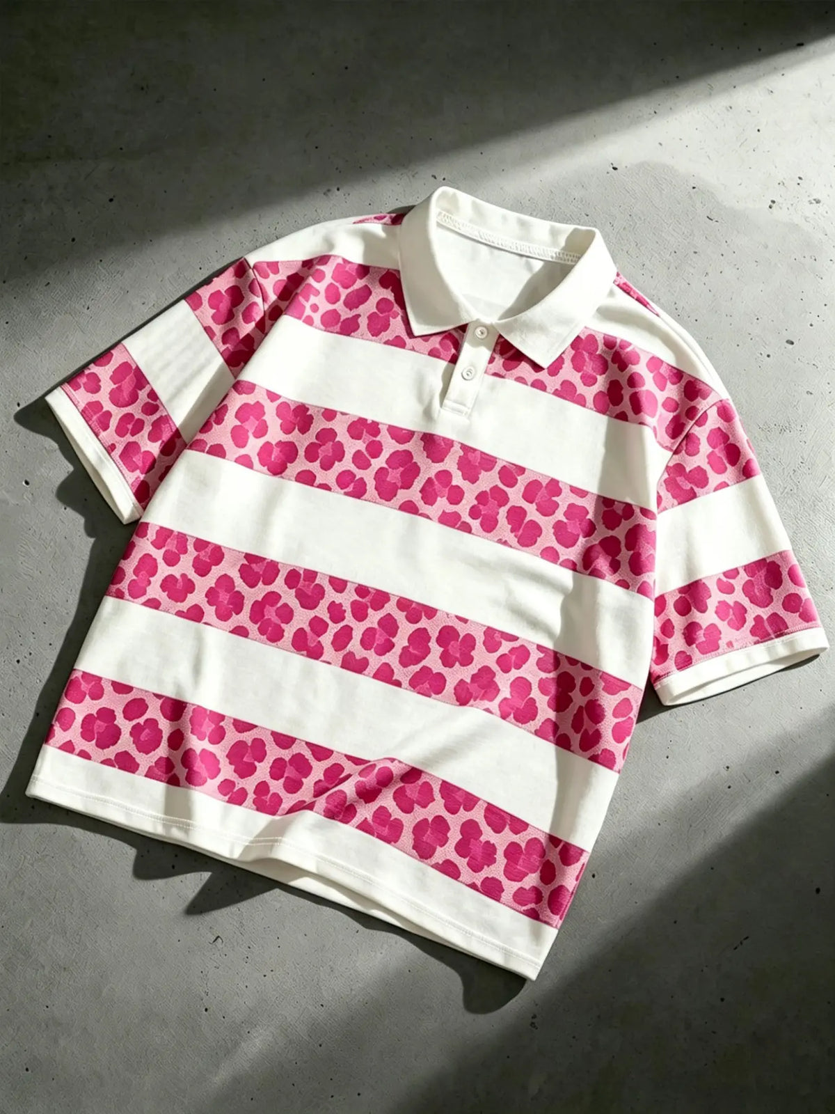 Men's Leopard Print And White Striped Patchwork Printed Polo Shirt, Loose Fit Short Sleeve Casual Top For Summer Polos Daily Streetwear Menswear