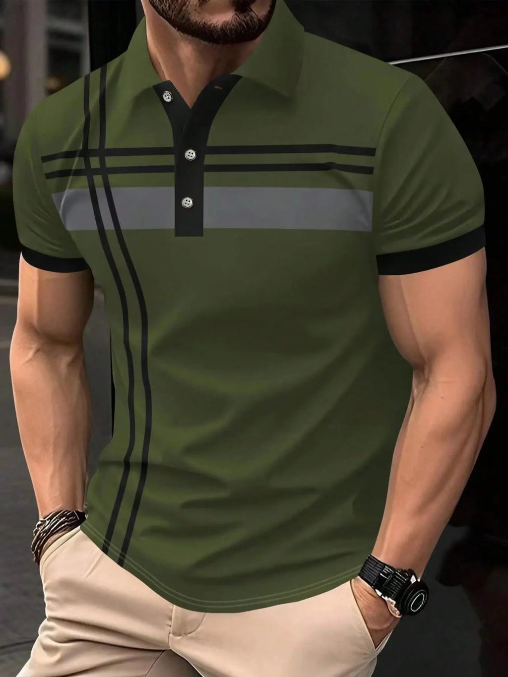 Men's Striped Print Contrast Binding, Casual Short-Sleeve Button-Front Top, Casual Polo Shirts for Summer, Fashion Men's Clothes for Daily Wear