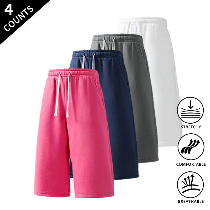 Men's Plain Stretchy Mid-Calf Cropped Pants 4-Pack - Menswear Sports Clothes for Casual, Outdoor Use - Available in Light Gray + Black + Rose Red + Navy Blue