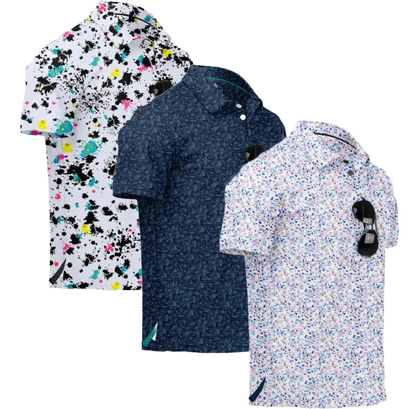 ZITY Men’s 3-Pack Short Sleeve Unique Prints Button Polo Shirts - 4-Way Stretch, Breathable, Moisture Wicking, Cool Touch, UPF 30+ Protection, Casual Outdoors/Party Top - Check Size Chart, Holiday Gifts for Boyfriend