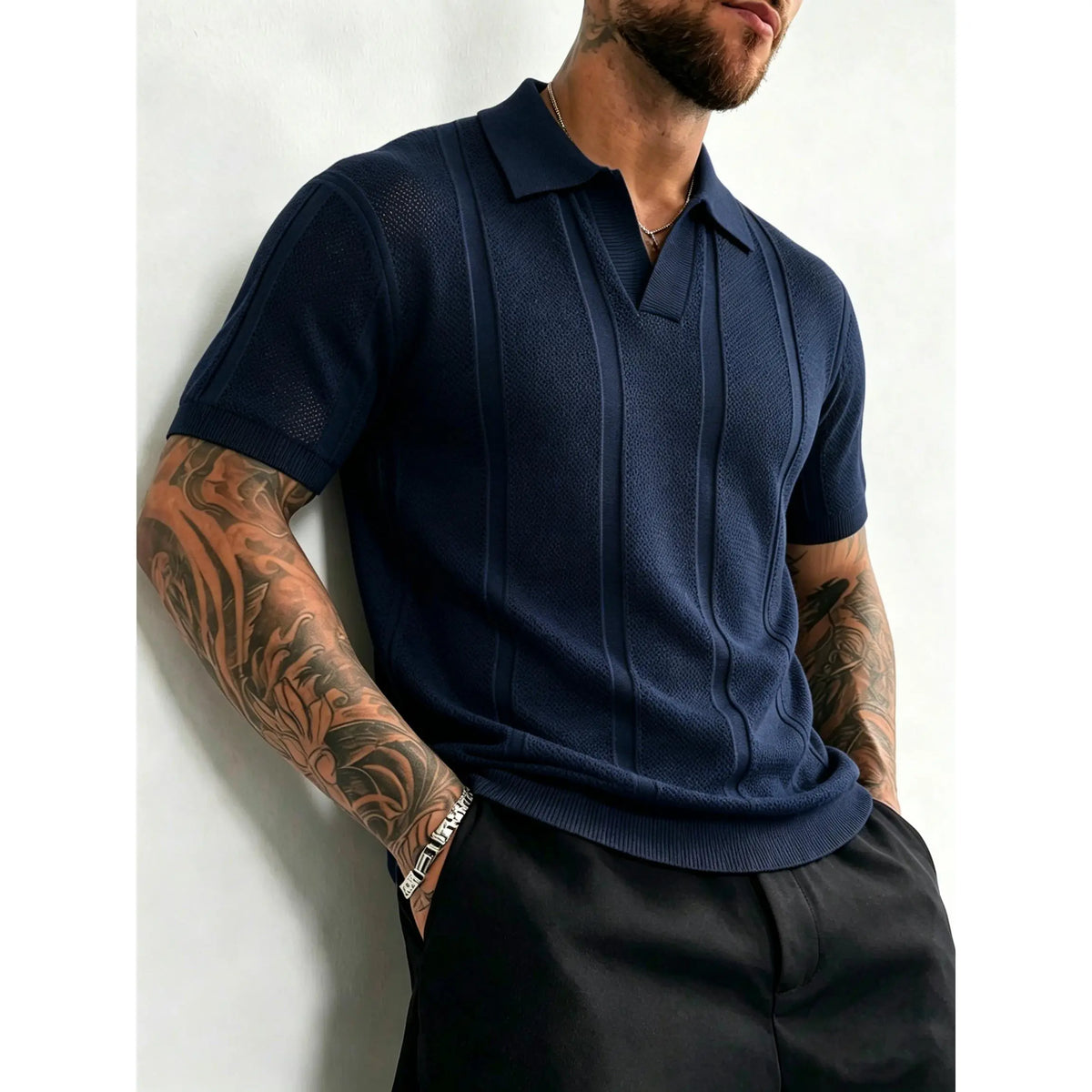 Vertical ribbed hollow knit short sleeve polo top with notch lapel open V-neck and ribbed cuffs, breathable lightweight stretch fabric slim tailored silhouette refined daily essential to build modern minimalist mensfashion outfits