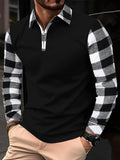 Men's Checked Patchwork Half Zip Up Plaid Polo Shirt, Casual Collared Regular Fit Classic Long-Sleeve Top for Fall & Winter, Men's Clothes for Daily Wear, Menswear
