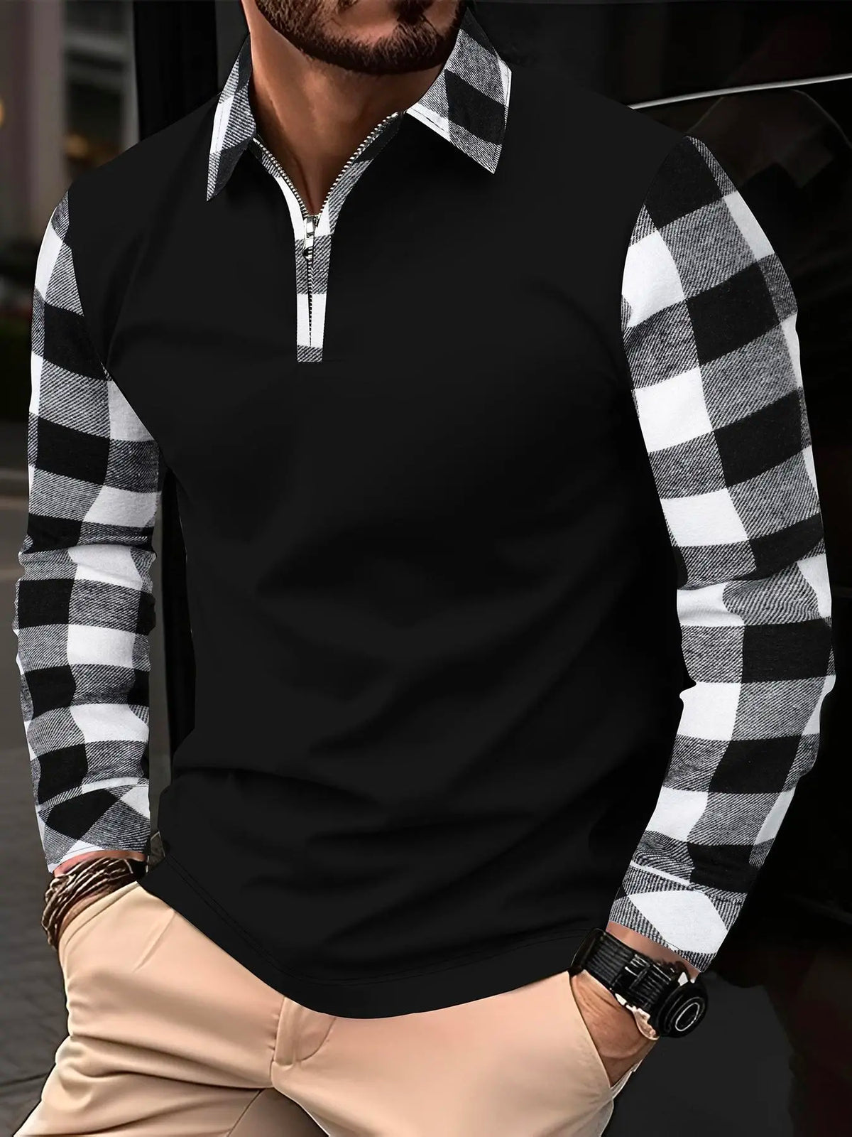 Men's Checked Patchwork Half Zip Up Plaid Polo Shirt, Casual Collared Regular Fit Classic Long-Sleeve Top for Fall & Winter, Men's Clothes for Daily Wear, Menswear