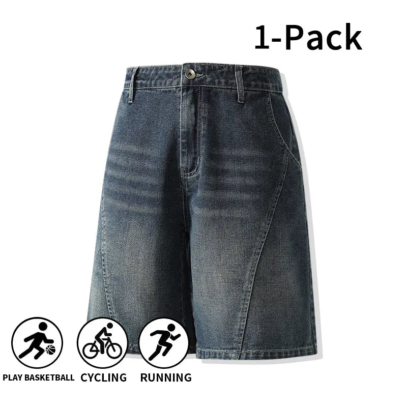 Men's 3-Pack Washed Denim Bermuda Shorts Outfits Set - Loose-Fit, Breezy Cut, Knee-Length, Breathable, Machine Wash, Sporty Casual for Outdoor, Everyday Wear