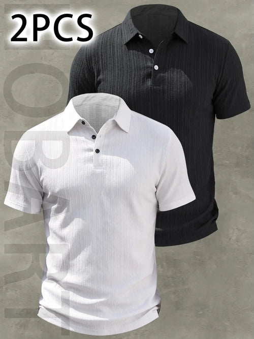 2pcs Men's Casual Classic Fashion Slim Fit Plain Polo Shirt Tops, Buttoned Polo Collar, Lightweight Breathable Fabric, Everyday Wear