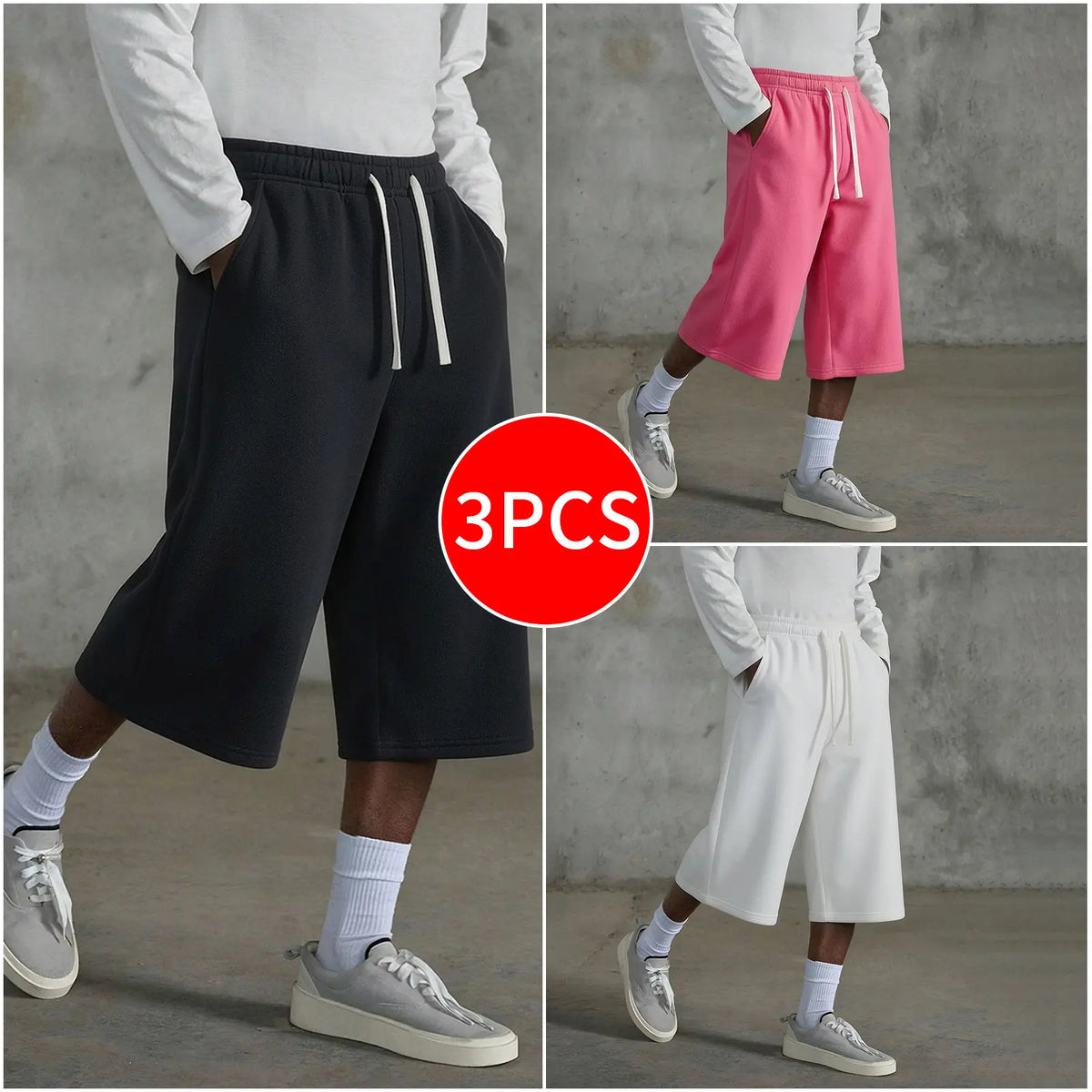 3-pack Men’s casual seven-eighths shorts, summer street style; men’s straight-leg athletic pants; soft, comfortable jogging pants with pockets—suitable for everyday life, work, travel, running, leisure, and outdoor activities.