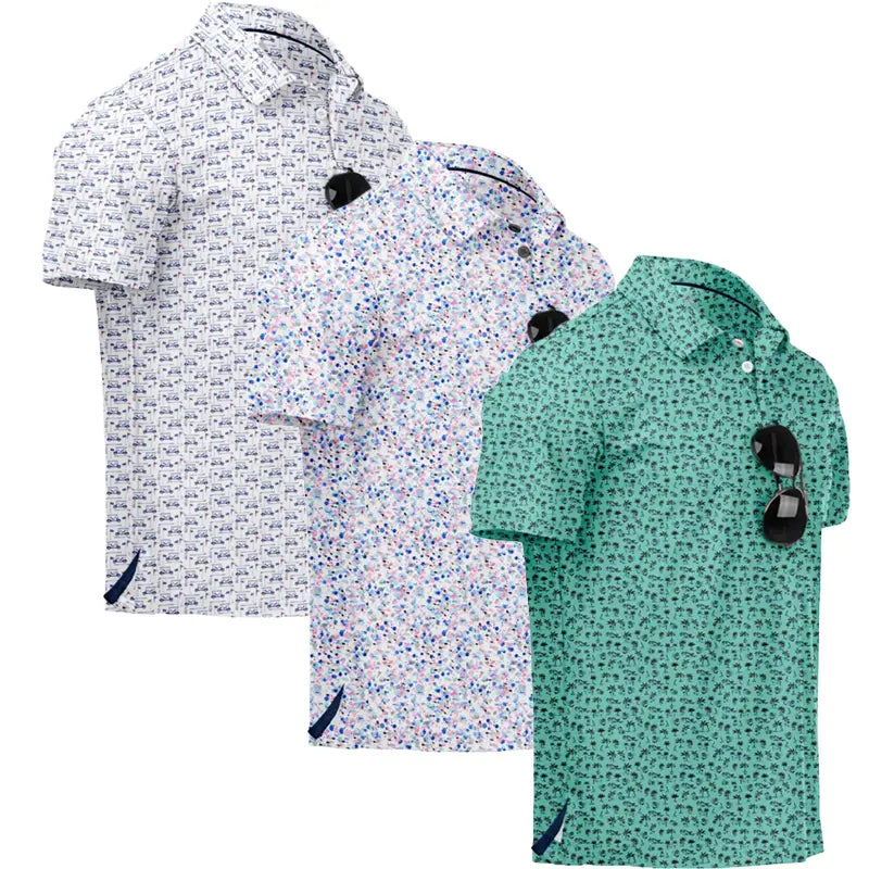 ZITY Men’s 3-Pack Short Sleeve Unique Prints Button Polo Shirts - 4-Way Stretch, Breathable, Moisture Wicking, Cool Touch, UPF 30+ Protection, Casual Outdoors/Party Top - Check Size Chart, Holiday Gifts for Boyfriend