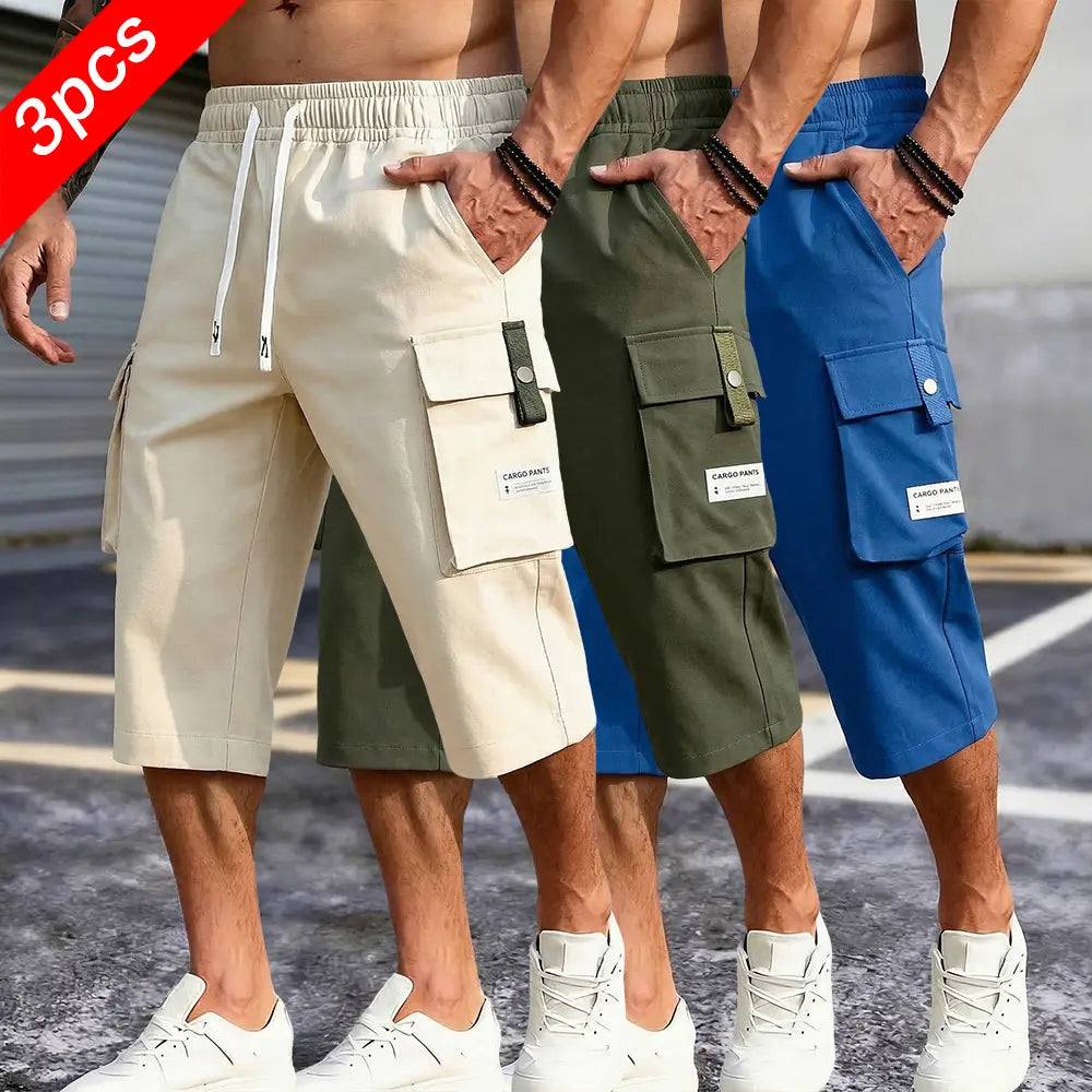 Men's 3-Pack Casual Cargo Shorts - Elastic Drawstring Waist, Multi-Pocket Design, Lightweight Utility, Large Pockets - Men's Clothing for Outdoor Work Wear Summer Streetwear
