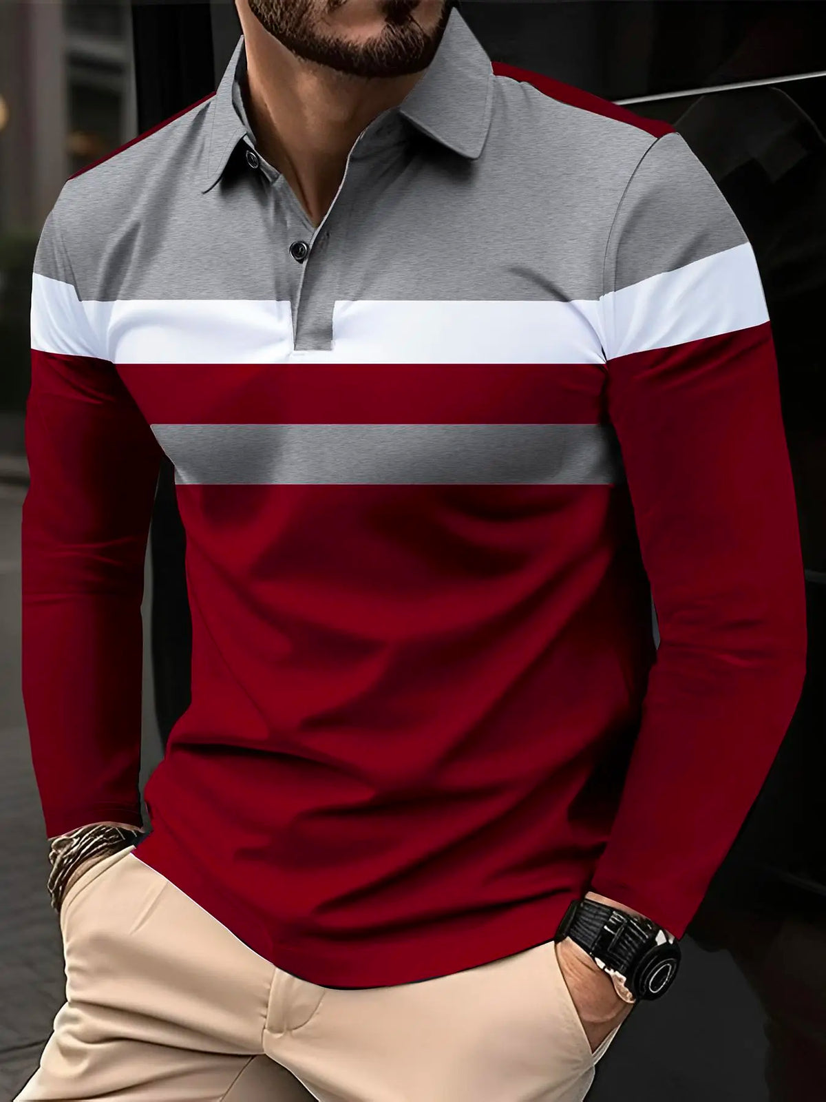 Men's Patchwork Print Long Sleeve Polo Shirt, Polo Style Regular Fit Casual Button Front Collared Top for Fall & Winter, Men's Clothes for Daily Wear, Fabric, Menswear, Casual Polo Shirts, Buttoned Polo Shirt