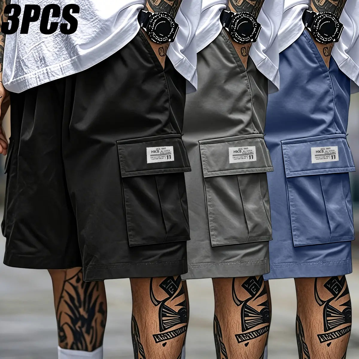 Men's 3-Piece Polyester Menswear Set: Loose-Fit Drawstring Pocketed Cargo Shorts, Mid Waist Regular-Leg Straight Outdoor Work Pants (Machine Washable) for Outdoor Activities, Casual Wear | Black + Gray + Army Green, Multi-Size Summer Bottoms