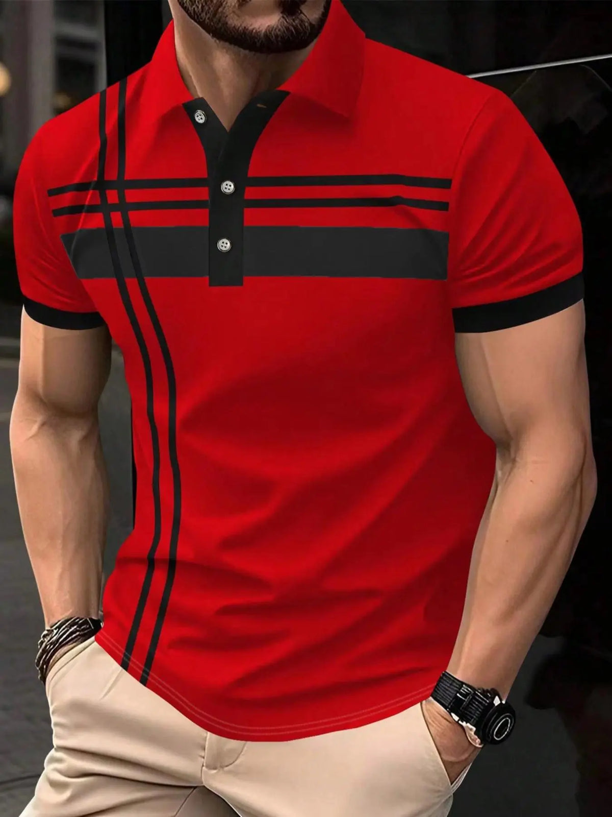 Men's Striped Print Contrast Binding, Casual Short-Sleeve Button-Front Top, Casual Polo Shirts for Summer, Fashion Men's Clothes for Daily Wear