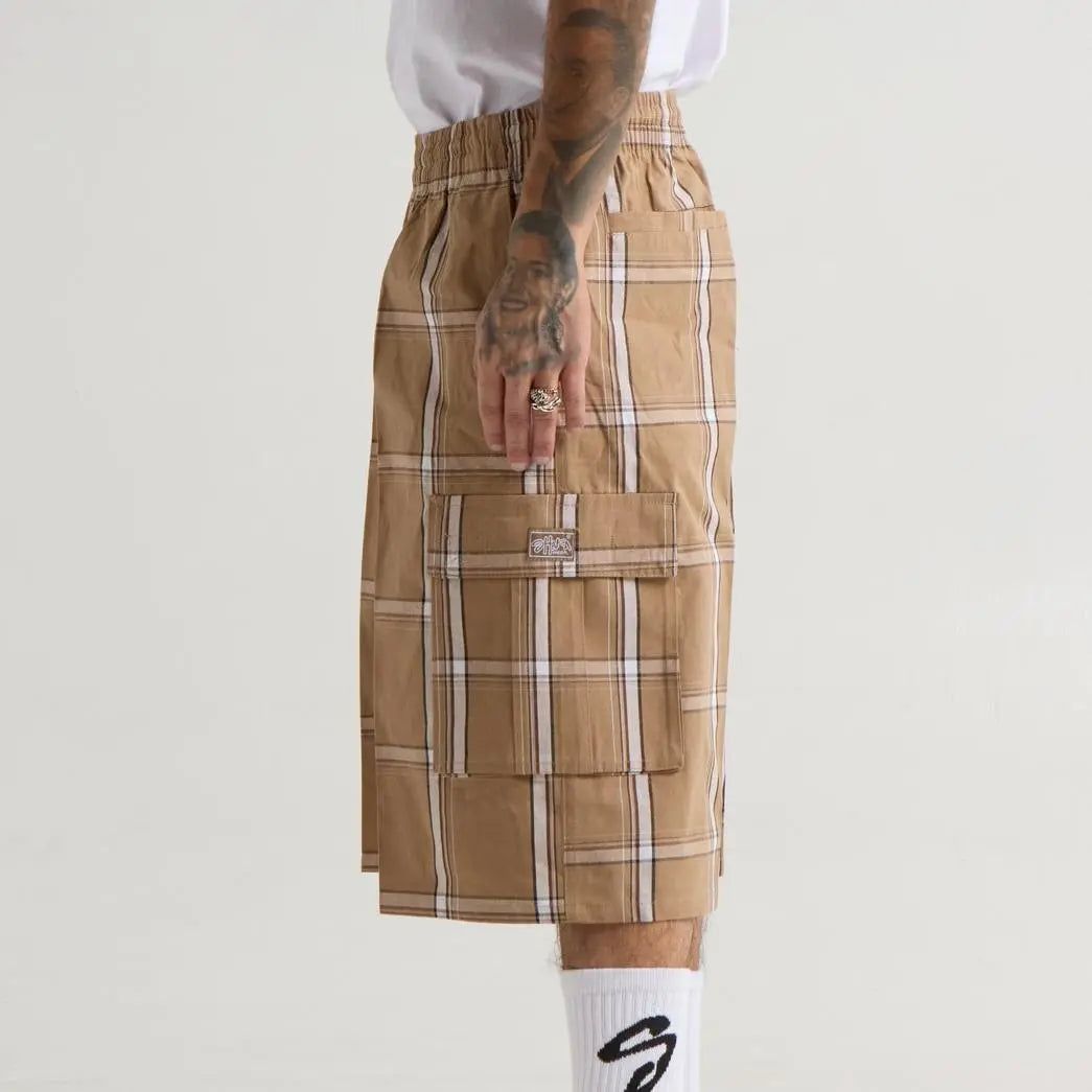 SHAKAWEAR Men's Checked Plaid Casual Streetwear Cargo Shorts - Stretch, 6 Pockets, Drawstrings, Versatile Outfits