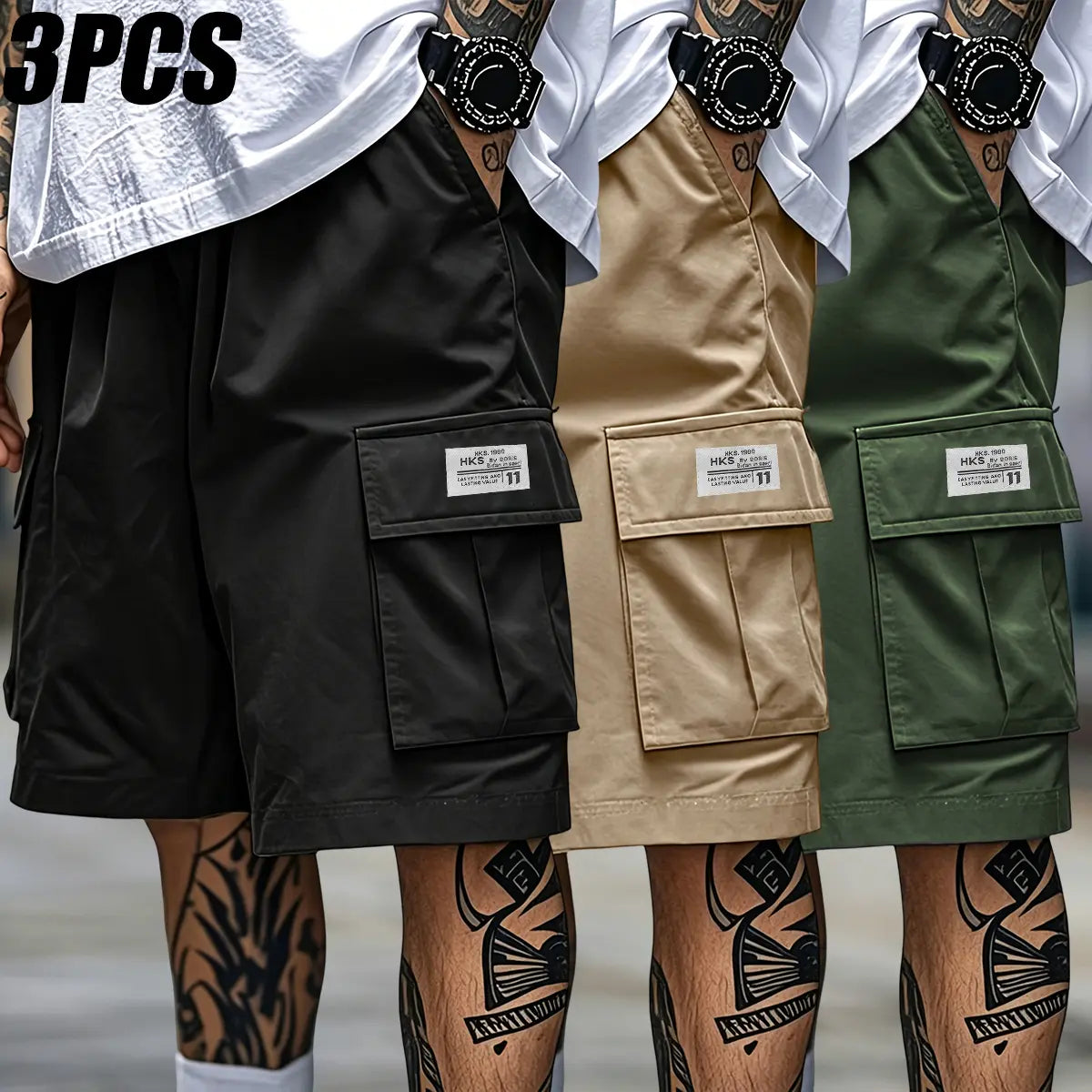 Men's 3-Piece Polyester Menswear Set: Loose-Fit Drawstring Pocketed Cargo Shorts, Mid Waist Regular-Leg Straight Outdoor Work Pants (Machine Washable) for Outdoor Activities, Casual Wear | Black + Gray + Army Green, Multi-Size Summer Bottoms