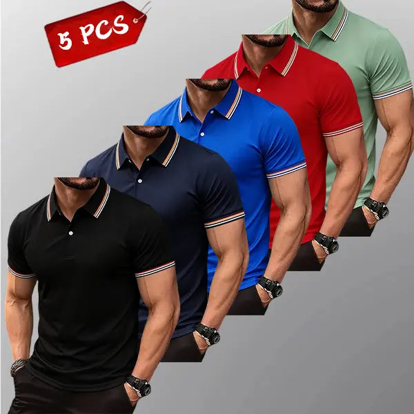 Men's 5-Pack Knit Striped Collar Short-Sleeve Fitted Polo Shirts - Slim Fit, Classic Button Front, Polyester Fabric, Breathable Moisture-Wicking Drip Dry, Cold Wash, Work Outdoor Tops, Menswear