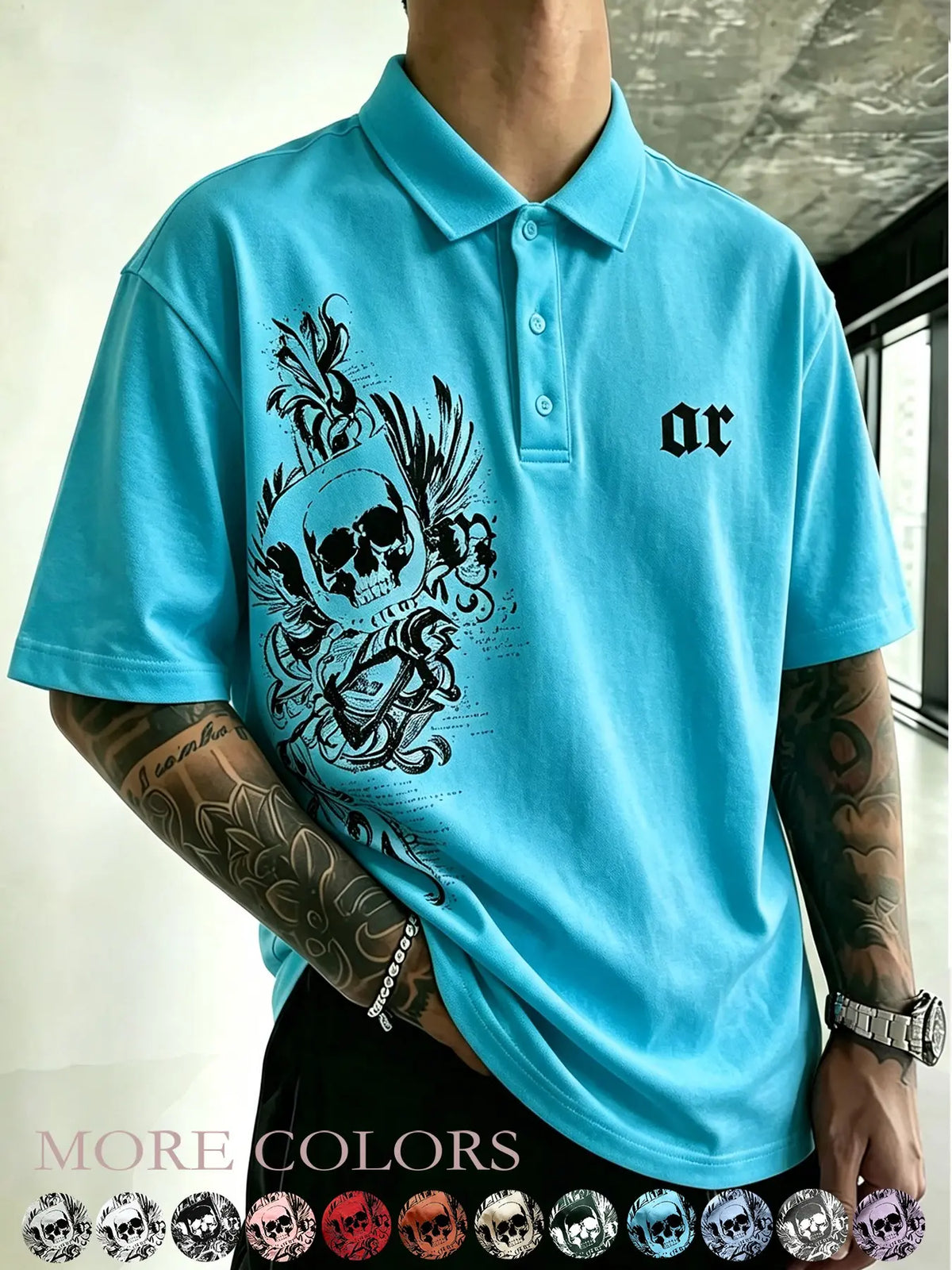 Men's Black Gothic Skeleton Letter Printed – American retro Gothic street style short-sleeved top, Streetwear Polo Shirt, suitable for Y2K, casual daily wear, date outfits, campus life, street style, light business casual, summer outings.