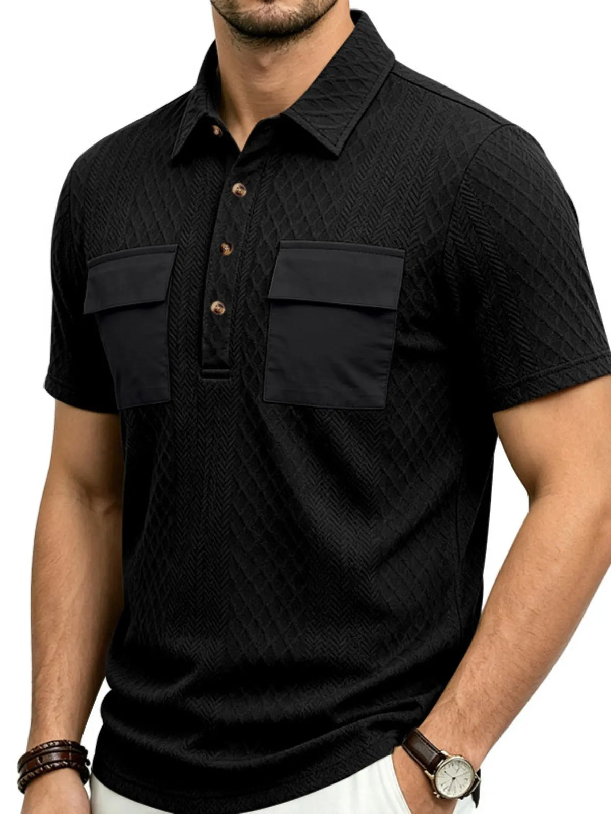 Men's Summer Breathable Polo Shirts, Dual Chest Pocket Design, Button Placket, Breathable Short Sleeve, Classic Street Style, Office, Casual Wear, Top, Streetwear Polo Shirt, Breathable Summer Polos
