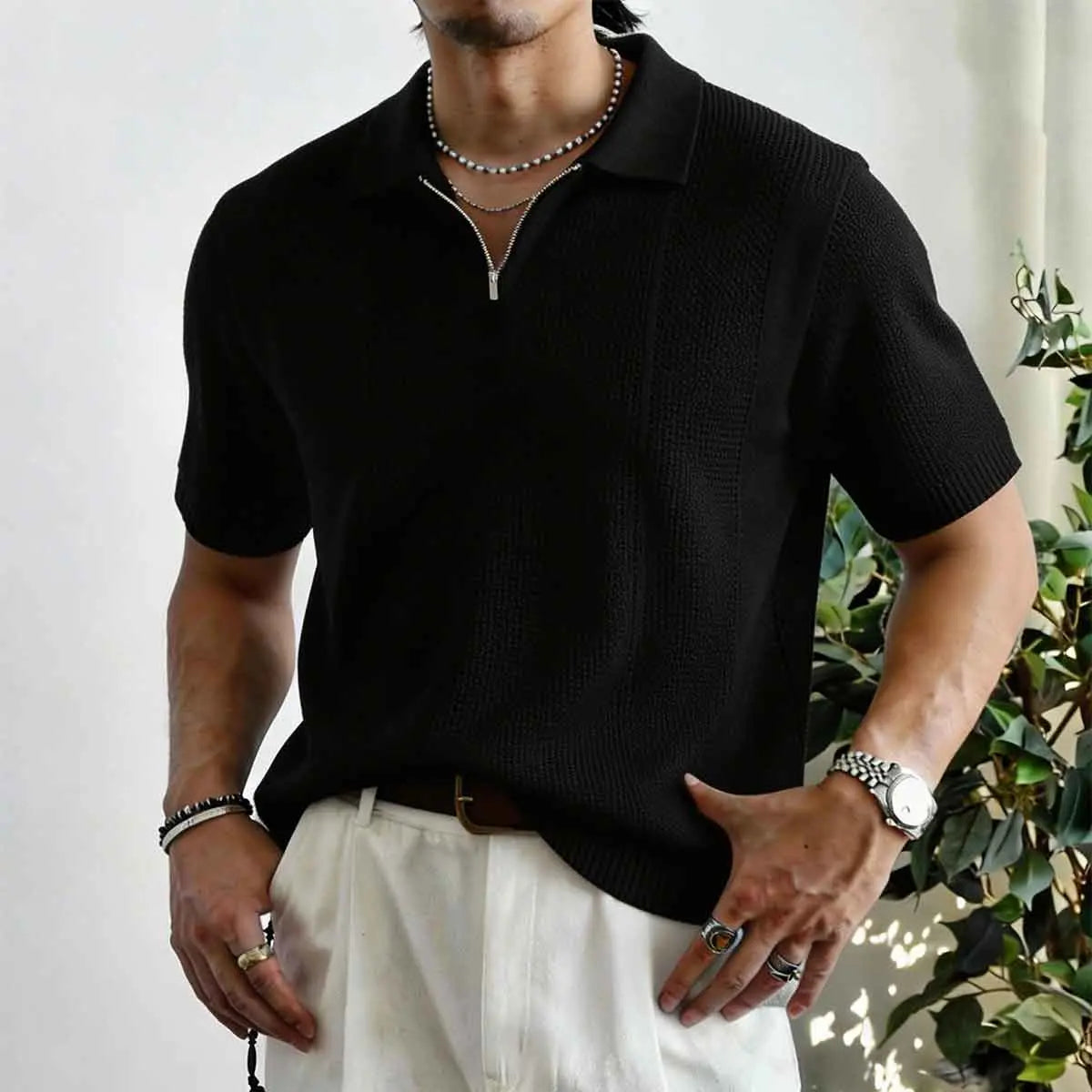 Men's Short-Sleeve Quarter-Zip V-Neck Knitted Polo Shirt - Retro Casual Basic Top, Textured Weave, Breathable Summer Fabric, Ribbed Details, Sleek Metal Zipper, Everyday Active Wear