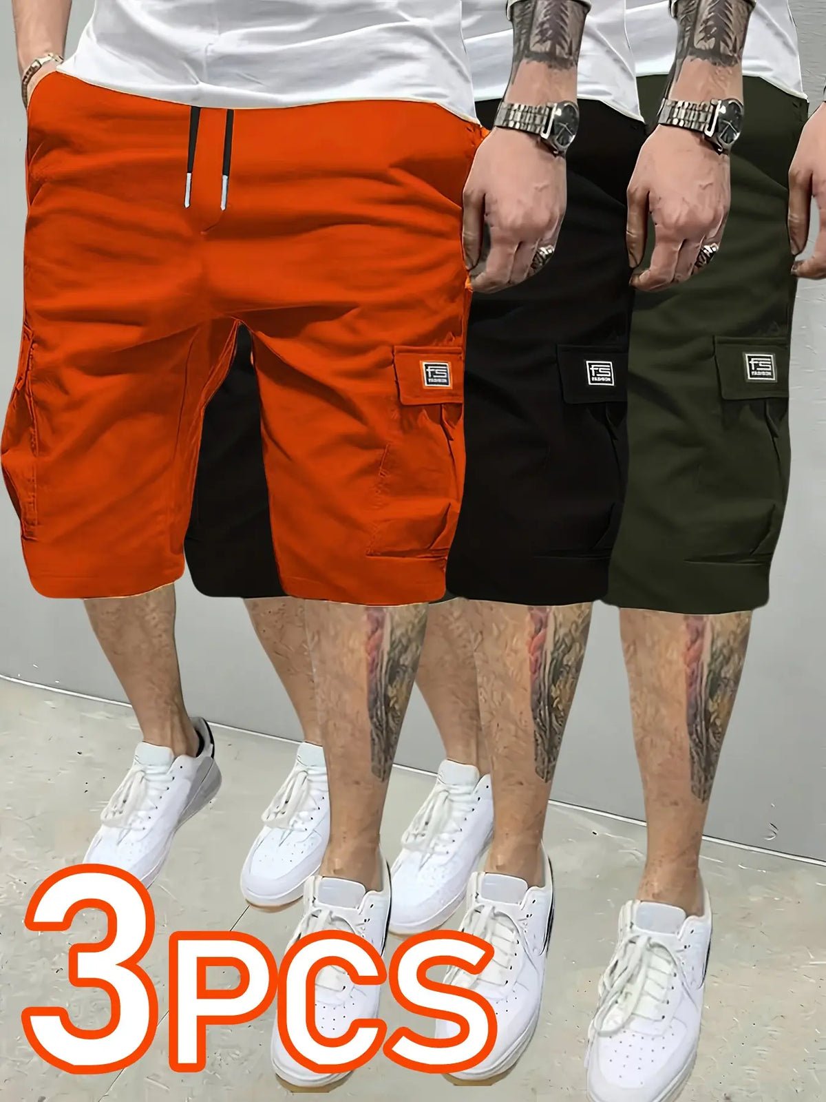 3 pieces 3counts 3pcs Men's Summer Casual Outdoor Shorts, Wear-Resistant Workwear Pants, Plain Color Cargo Shorts with Multiple Pockets, Elastic Waist