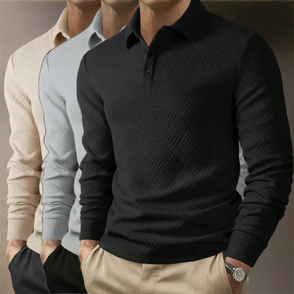 Men's Fitted 3-Piece Set Jacquard Pattern Heavyweight Fabric Button-Front Long Sleeve Polo Shirt - Ideal for Daily Commutes, Business Office Work